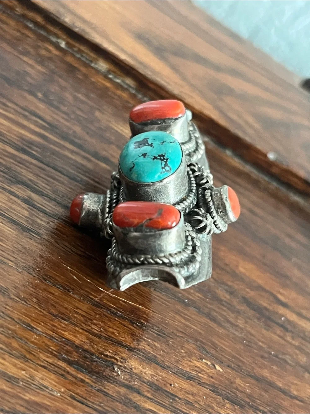 Tibetan 925 Silver Saddle Ring - Turquoise and Coral